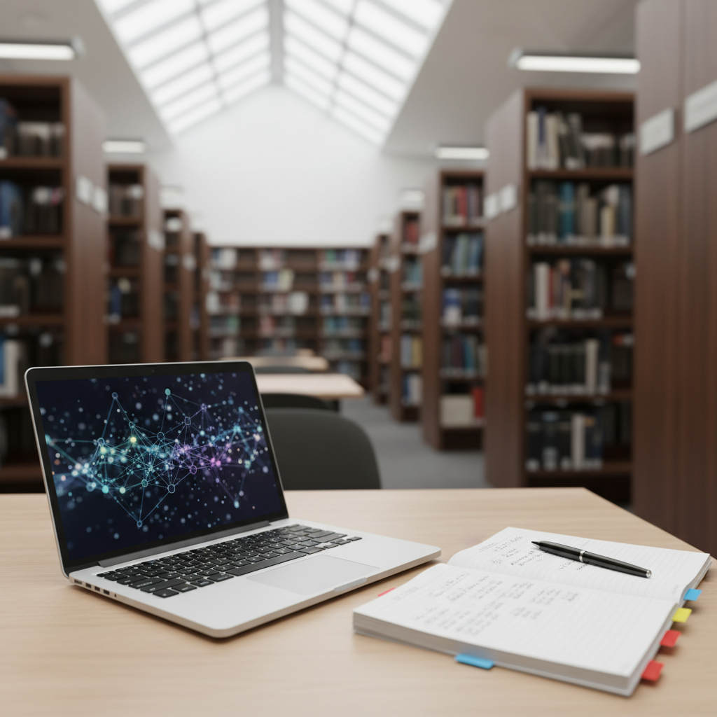 A quiet corner of a school library with tall shelves of neatly arranged books fading into a soft blur, while the foreground focuses on an open laptop displaying an abstract, out-of-focus data visualization. Next to the laptop rests a spiral notebook filled with tidy handwritten notes and color-coded tabs. Natural overhead skylight filters down, creating even, neutral lighting with delicate highlights on the laptop keys and paper edges. The composition is shot at eye level from the side of the table, using shallow depth of field to isolate the workspace. The mood is studious, aspirational, and professional, with a clean photographic realism that suits a blog section about learning and academic growth.