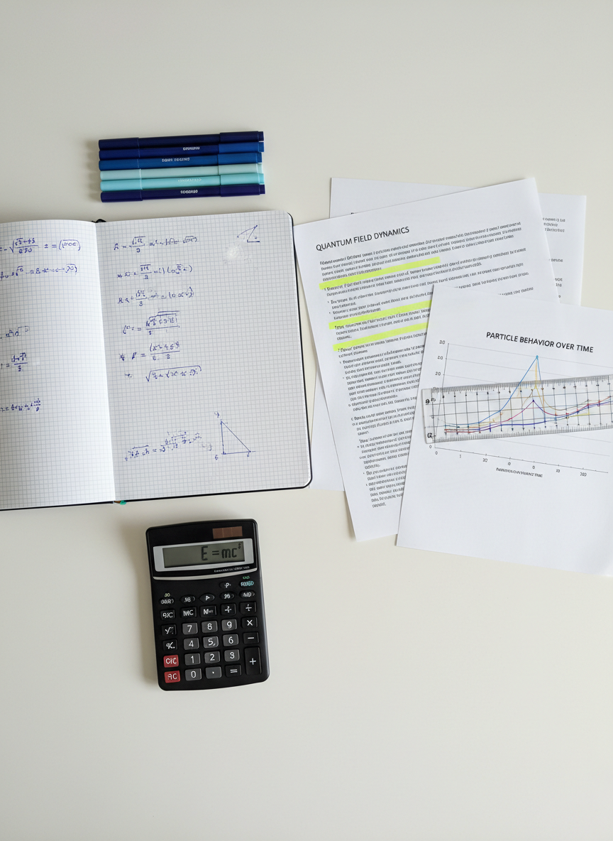 An organized flat-lay of research materials on a matte white tabletop, including a graph-ruled notebook open to neatly handwritten equations, a printed research paper with highlighted sections, and a transparent ruler aligned with a plotted chart. Beside them lies a sleek black scientific calculator and a set of fine‑tip pens arranged in a subtle gradient of blues. Overhead diffused daylight from an unseen window keeps the lighting soft and shadow-free, emphasizing clarity and precision. The composition is photographed from directly above, with elements arranged using the rule of thirds, creating a clean, minimalist, and highly professional academic mood, perfect for representing a projects or research page.