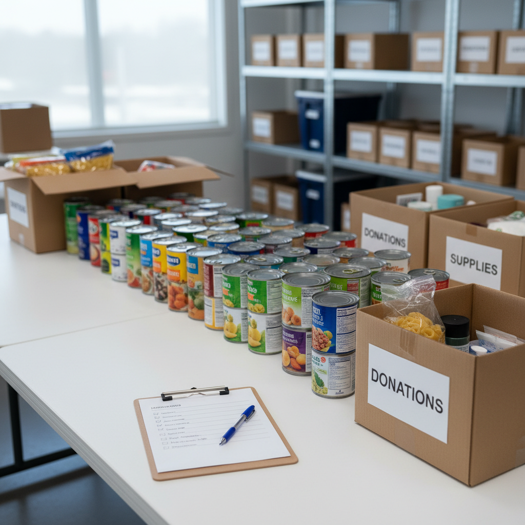 A bright volunteer workspace featuring a long white table covered with carefully sorted stacks of canned goods and neatly labeled cardboard boxes, each marked with simple printed tags like “Donations” and “Supplies.” A clipboard with a checklist and a blue pen lies prominently in the foreground, slightly angled toward the viewer. Cool, diffused daylight pours in from large unseen windows, creating soft, even lighting and gentle shadows beneath the objects. The background includes blurred shelving with more organized supplies, suggesting ongoing community efforts. Photographed from a slightly elevated angle with sharp focus on the clipboard and nearby boxes, the scene conveys responsibility, organization, and community service in a realistic, professional photographic style appropriate for a volunteering or impact page.