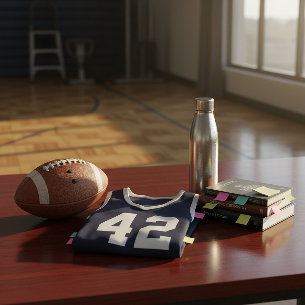 A polished wooden table displaying a balanced mix of academics and athletics: a slightly worn leather football, a neatly folded navy track jersey with a visible number, and a small stack of textbooks with colored sticky notes peeking from the edges. A stainless-steel water bottle stands upright beside the books, beads of condensation catching the light. Warm late-afternoon sunlight streams in from the right, casting long, soft shadows and a golden glow over the scene. Captured from a slightly elevated angle with moderate depth of field, the background fades into a gentle blur of a gymnasium floor pattern, conveying dedication, discipline, and the dual focus on sports and studies in a photographic, realistic style.